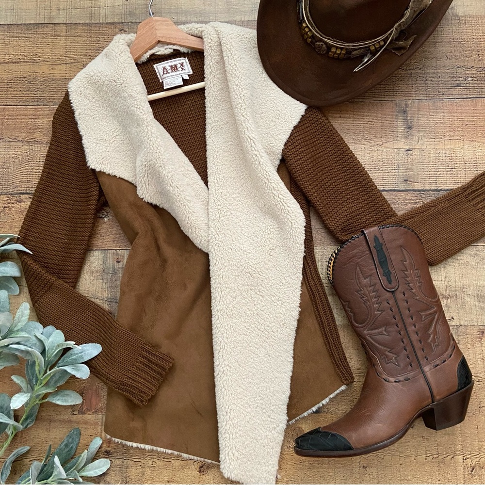 Chocolate Suede Sweater Cardigan Jacket Vegan Shearling Open